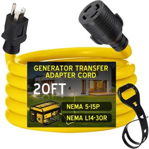 Tellegloww 20 FT 5-15P to L14-30R Adapter Cord Generator Transfer Switch, Generator House Inlet Box Adapter, 15Amp 3Prong 5-15 Male to 30Amp 4Prong L14-30 Locking Female, 10 AWG, ETL Listed