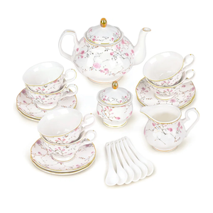 fanquare 21-Piece Gold Vine Floral Porcelain Tea Sets with Sugar Bowl Creamer Teacups, English Bone China Tea Service for Women TeaParty Family Gathering Home Décor