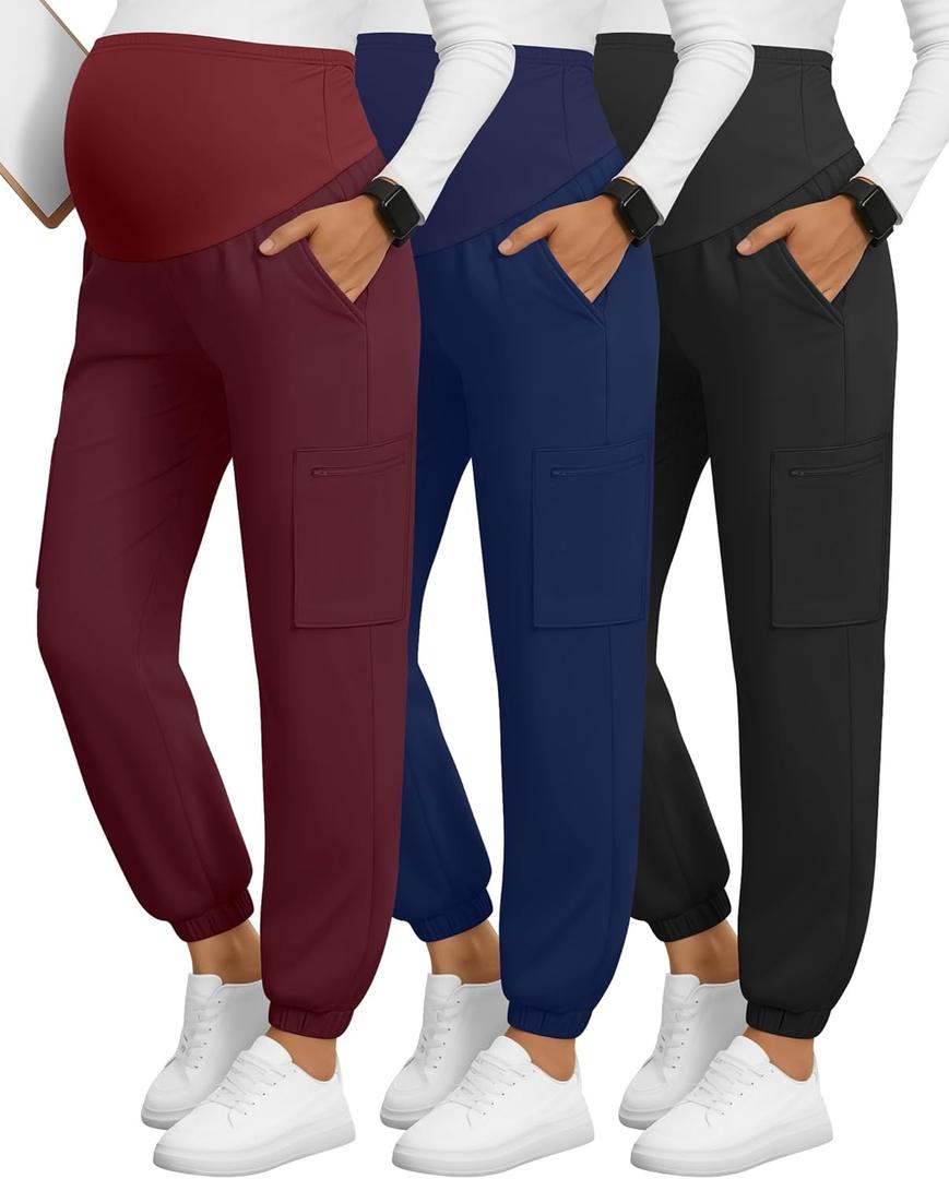 3 Pack Women's Maternity Scrub Pants, Workwear Pregnancy Jogger Pants Over Belly Yoga Sweatpants Zippered Pockets (Medium, Black, Wine Red, Navy Blue)