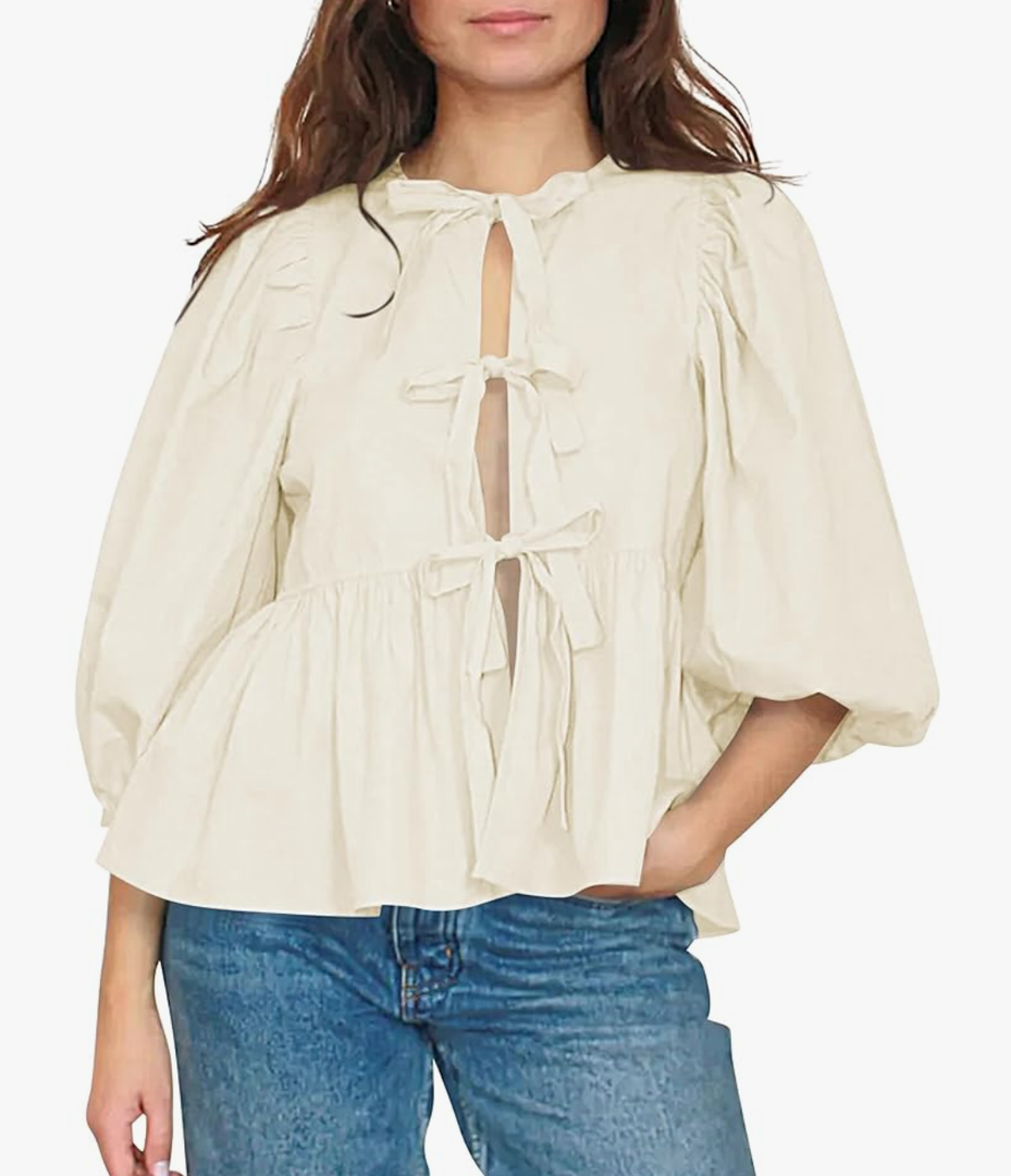 Women Cute Puff Sleeve Bow Tie Front Peplum Tops Ruffle Vacation Babydoll Blouse Shirts Summer Going Out Outfits XS