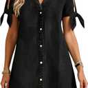 Denim Dress for Women 2026 Summer Casual Cowgirl Blue Jean Dress Tied Sleeves Button Down Shirt Dresses with Pockets