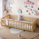 roomfitters Twin Size Wooden Floor Bed Frame with Safety Guardrails Door, Solid Wood Low Profile Toddler Play Bed, Natural