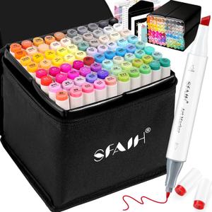 SFAIH Alcohol Markers Fine & Chisel - Ideal Gift & Stocking Stuffers - 81 Colors Dual Tip - Coloring Illustration Marker for Teens, Beginners Artist [Greeting Card, Leather Storage Box]