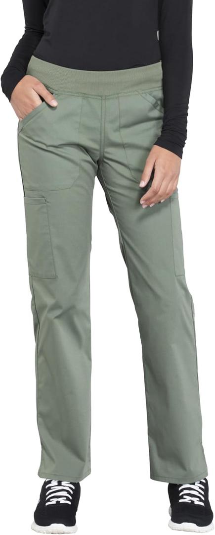 Cherokee Women's Scrub Pants Mid Rise Straight Leg Pull-on Cargo Pant with 6 Pockets & 2-Way Stretch Fabric - WW170 (Olive)