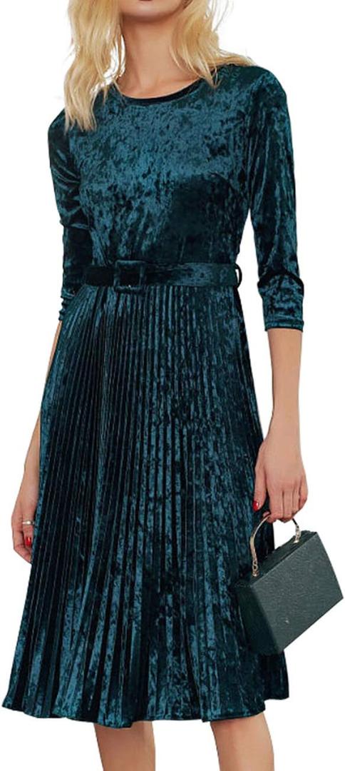 Simple Flavor Women's Vintage Velvet Midi Dress 3/4 Sleeve Flare Swing Pleated A-Line Party Dress, 2XL