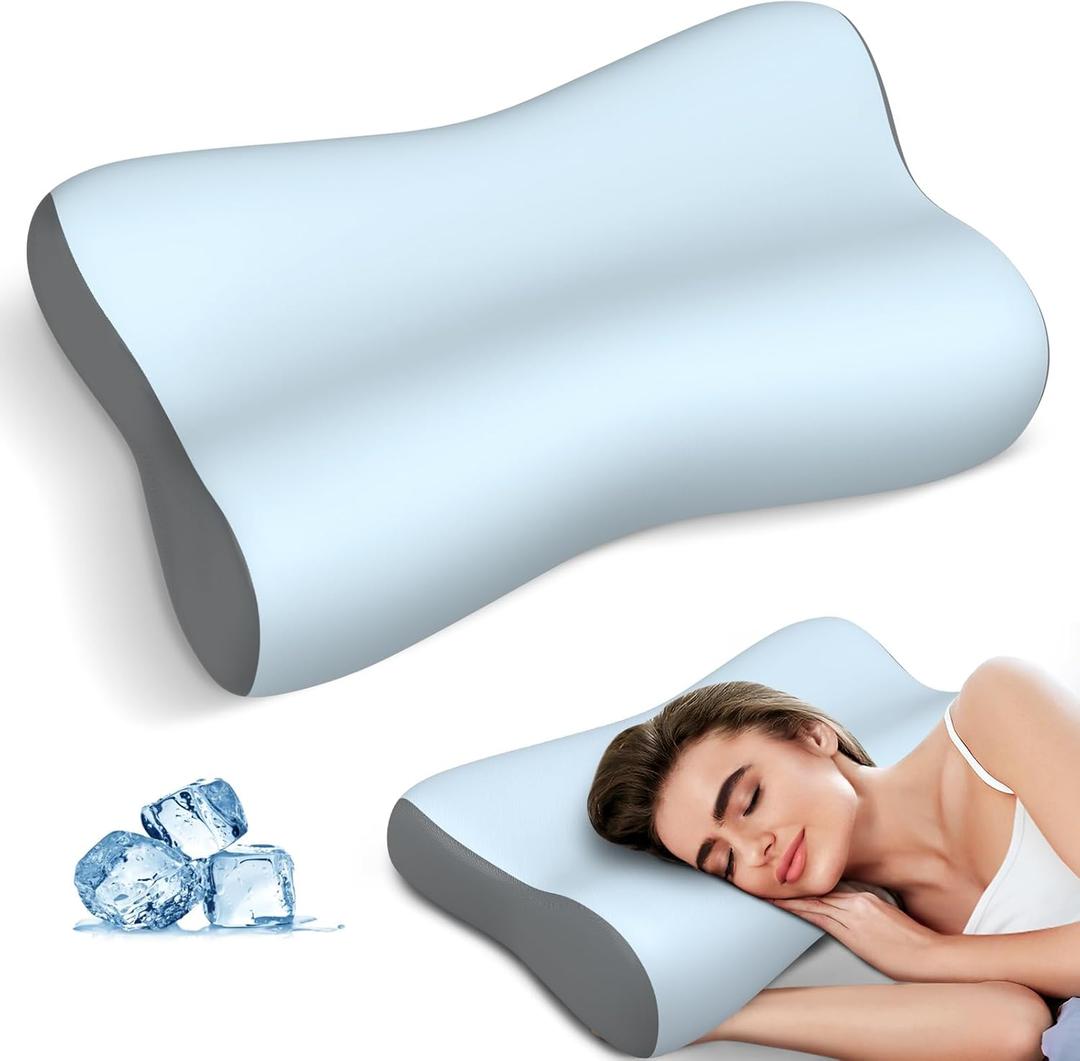 Cervical Neck Pillow, Contour Memory Foam Pillows for Neck Pain Relief, Ergonomic Pillow for Sleeping, Orthopedic Bed Pillow Neck Support Pillow for Side Back Stomach Sleepers with Cooling Pillowcase (Blue & grey)