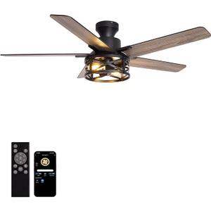 52 Inch Flush Mount Ceiling Fans with Lights and Remote Control, Low Profile Farmhouse Ceiling Fan for Bedroom Living Room and Patio, Black Caged Ceiling Fan for Indoor and Outdoor（NO BULBS）
