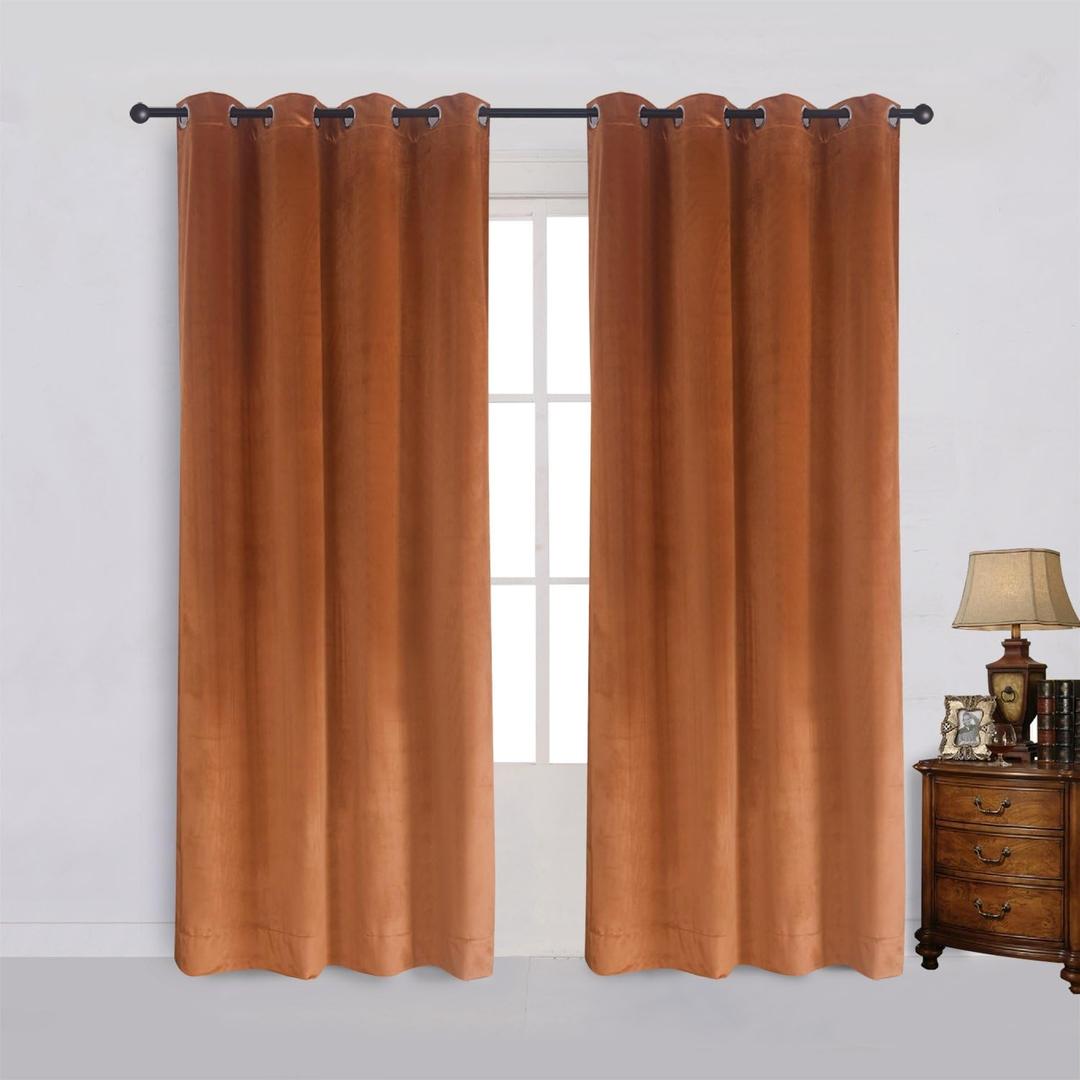 Cherry Home Super Soft Rustic Velvet Decor Blackout Drapes Room Darkening Curtains Panel Metallic Grommet Drapery 52 by 72 Inch Caramel Cafe,2 Panels