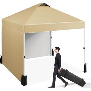 10'x10' Pop Up Canopy Tent with 2 Sidewall & Vented Roof,One Push Setup Instant Shade Shelter for Beach, Camping, Events,Includes STO-N-Go Bag, 8 Stakes, 4 Ropes & Sandbags (Commercial-Grade),Khaki