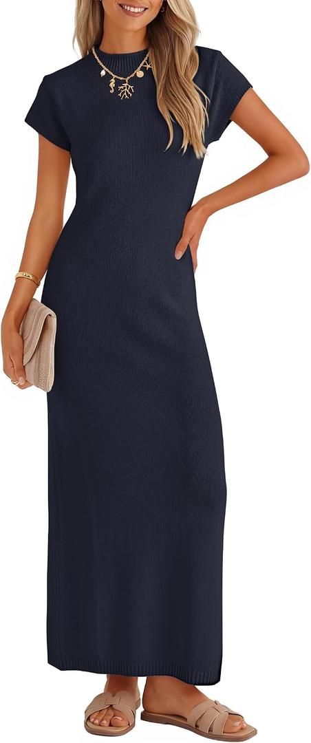 ZESICA Womens Summer Bodycon Maxi Dress 2026 Business Casual Short Sleeve Crewneck Knit Slit Spring Sweater Dresses (Blue, S)
