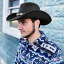 Eohak Womens Western Cowboy Hats Studded Pinched Western Cowgirl Hats Wide Brim Fedoras Hat with Belt Buckle (Size:Medium) (Black)