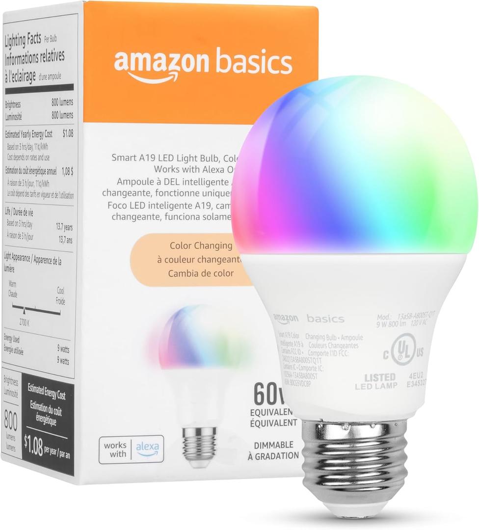 Amazon Basics Smart A19 LED Light Bulb, Color Changing, 9W (60W Equivalent), 800LM, Works with Alexa Only, 2.4 GHz Wi-Fi, No Hub Required, 1 Pack 