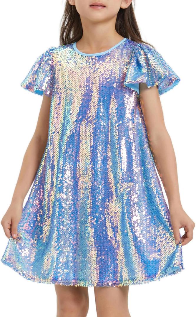 Girls Sequin Dress Shiny Short Flutter Sleeve Midi Sparkly Party Dress with Hairbow (Small, Blue)