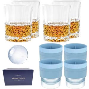 Whiskey Glasses,8-piece set (4 Crystal Glasses, 4 Round Ice Ball Molds) In Gift Box, 10 oz Old Fashioned,2.5 Inches Sphere Ice Ball,Cocktails,Brandy,Whiskey Gift for Men at Home Bar