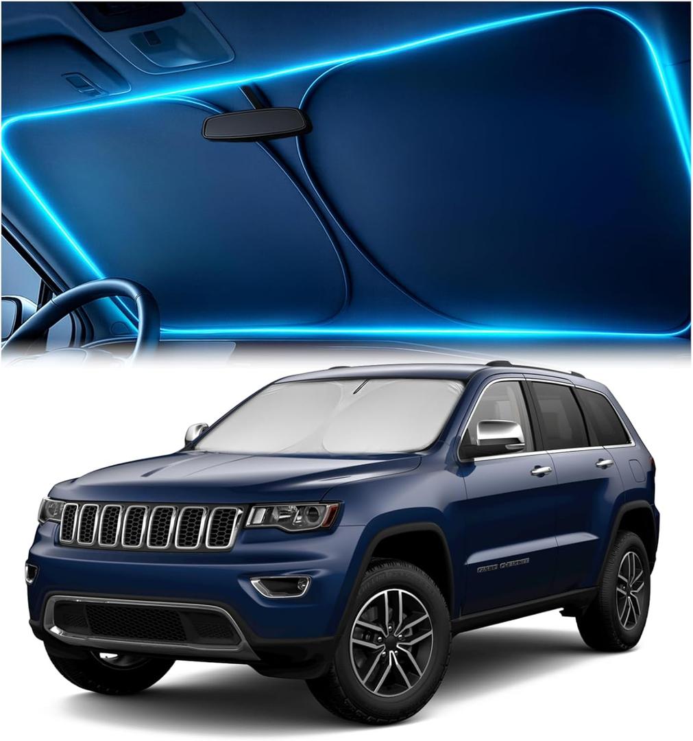 Windshield Sun Shade for Jeep Grand Cherokee 2011-2026 Custom Fit Sun Shield with Mirror CutOut, Blocks Heat & UV, Foldable with Storage Pouch - Jeep Grand Cherokee Windshield Sunshade