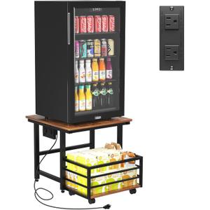 EYOCAL Mini Fridge Stand with Power Outlets, 19.7" x 19.7" Large Tabletop Heavy Duty Stand with Pull-Out Basket, Adjustable Feet & Wheels, for Kitchen, Dorm, Office, Rustic Brown and Black