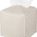Tissue Box Cover PU Leather Tissue Holder Square Facial Tissue Case Facial Paper Organizer Dispenser for Bathroom, Vanity Countertop, Tabletop, Car, Griege