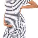 Women's Maternity Hoodie Dress Short Sleeve Split Side Ruched Pregnancy Clothes, White Navy Stripe, 2XL