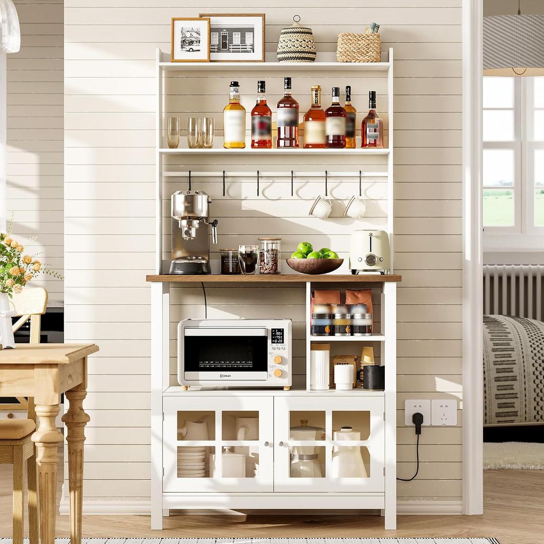 ChooChoo Farmhouse Bakers Rack with Power Outlets and Storage, Coffee Bar Cabinet with Storage, Microwave Stand Kitchen Cabinet with Hutch and 6 Hooks, Soft White & Brown, 
Product Dimensions	15.75"D x 31.5"W x 59.8"H