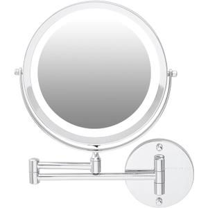OVENTE Wall Mounted Lighted Makeup Mirror, 9" Double Sided 1X/7X Magnifying Vanity Mirror for Bathroom with LED Lights, Cordless, 360° Rotation and 13" Extendable Arm, Polished Chrome MFW85CH1X7X