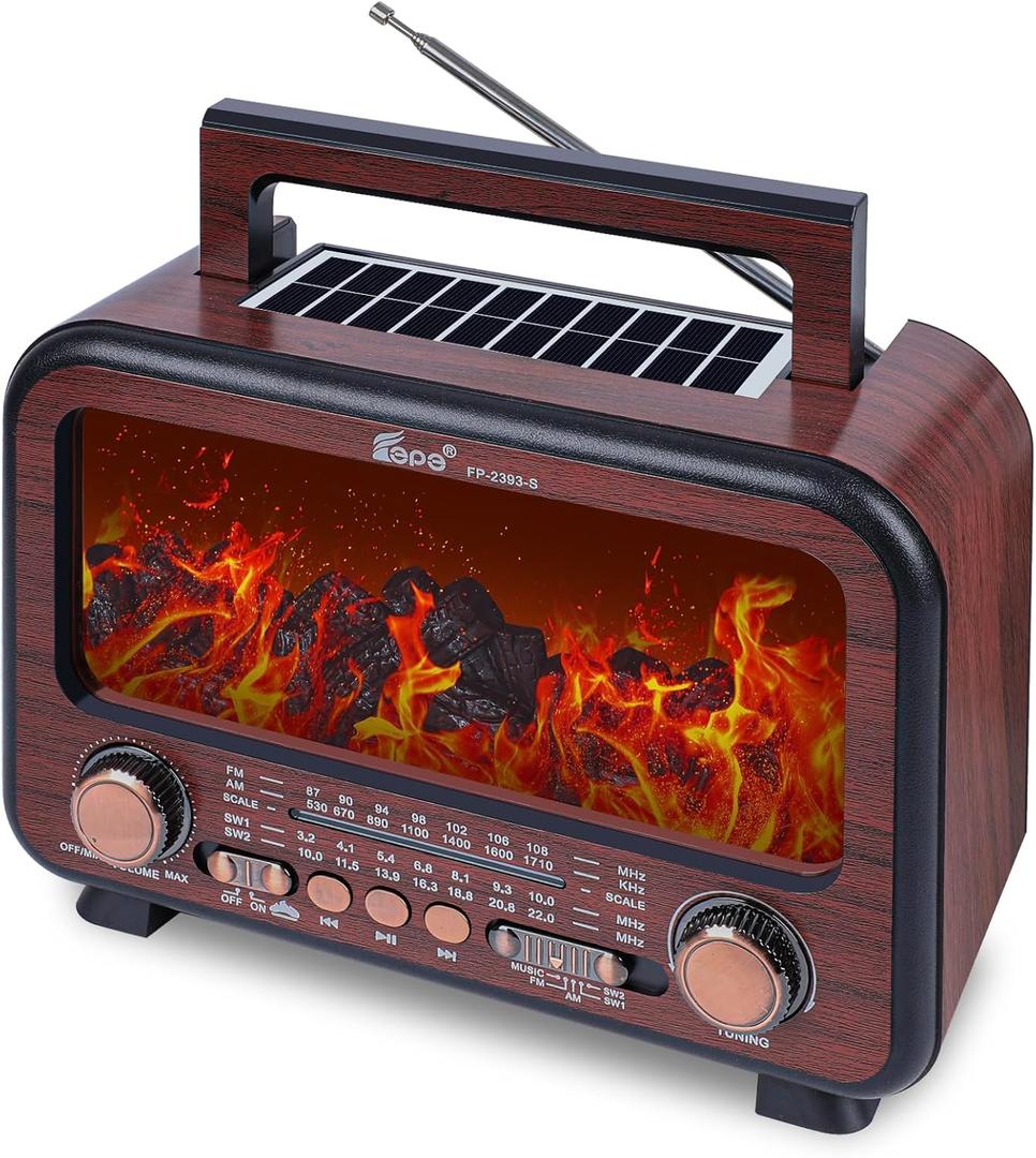 Retro Portable Radio AM FM SW Shortwave Radio with Bluetooth Speaker,Flame Atmosphere Lamp Battery Operated, SUB Charging, TF Card (Dark Brown)