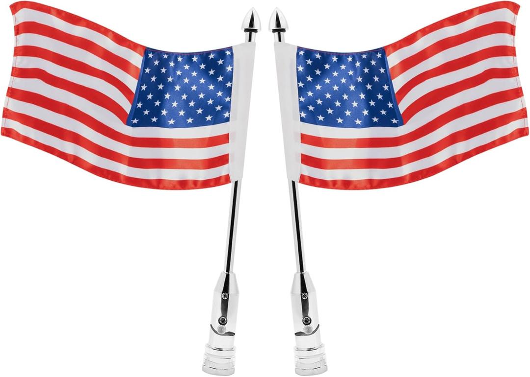 2PCS Motorcycle US Flag with Pole Mount - Fold Down 90, 6.5" x 11" Flag Pole Holder Bracket fit for Harley, Honda, Suzuki, Kawasaki, Goldwing, Yamaha Compatible with 1/2" Motorcycle Round Luggage Rack