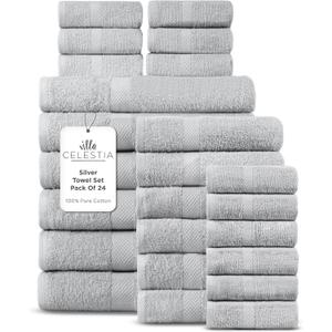 100% Cotton Bath Towel Set of 24-6 Bath Towels, 6 Hand Towels, 12 Wash Cloths, Sustainable, Soft, Highly Absorbent, Combed Cotton 24 Piece Set for Hotels, Spa, Bathroom, Dorm, Silver, Towel Set - Pack of 24
