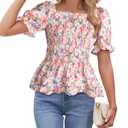 Womens Puff Short Sleeve Babydoll Tops Floral Summer Peplum Blouse Smocked Square Neck Loose Fit Ruffle Dressy Tee Shirts Pink Size M