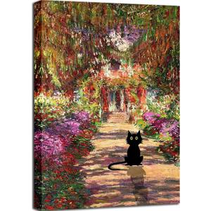 Lwwartxm Monet Garden Black Cat Poster Canvas Wall Art Vintage Famous Oil Paintings for Bathroom Home Office 12"x18" Framed