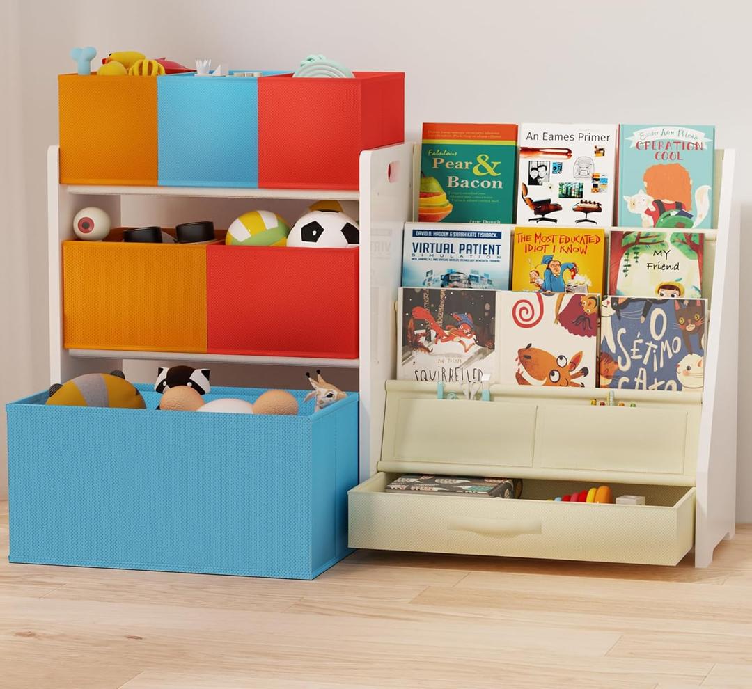 Toy Organizer with Bookshelf, Large Capacity Toy Storage Organizer with 6 Foldable Toy Bins, 3-Tier Solid Wood Kids Bookshelf and Toy Storage, Easy Assembly Toy Shelf Organizer, White 