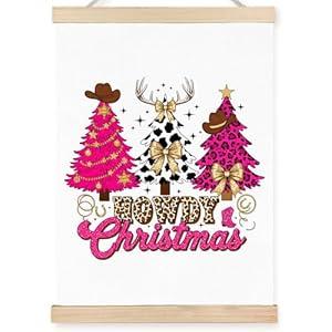 PQKIY Pink Western Christmas Trees Wall Art Decor, Leopard Howdy Christmas Decoration, Gold Bow Pink Leopard Coquette Xmas Bow Wall Decor for Bedroom Living Room Home, 12x16 Inch