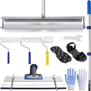 Epoxy Flooring Tool Kit, 20" Spiked Roller, 18" Gauge Rake, 9" Spiked Roller, 9" Floor Brush, 4" Detail Brush, Spike Shoes, Gloves & Extension Pole for Self Leveling Cement