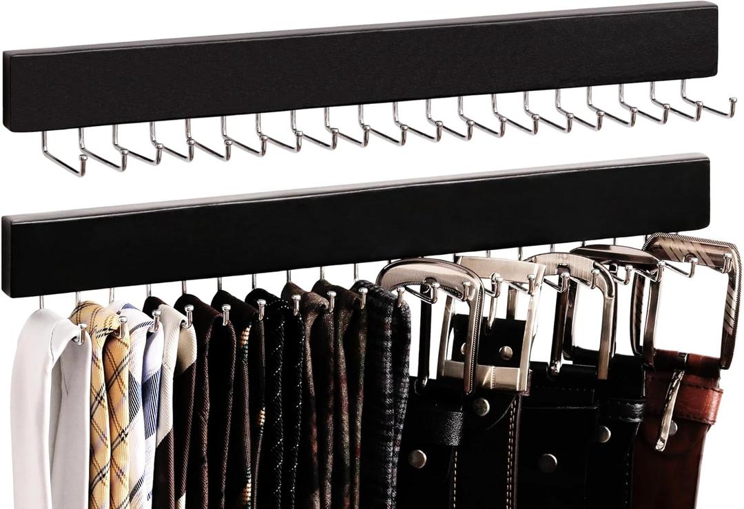 StorageWorks Tie Rack with 20 Hooks, 2-Pack Wall-Mounted Wooden Hangers for Neckties, Belts, Hats, Black