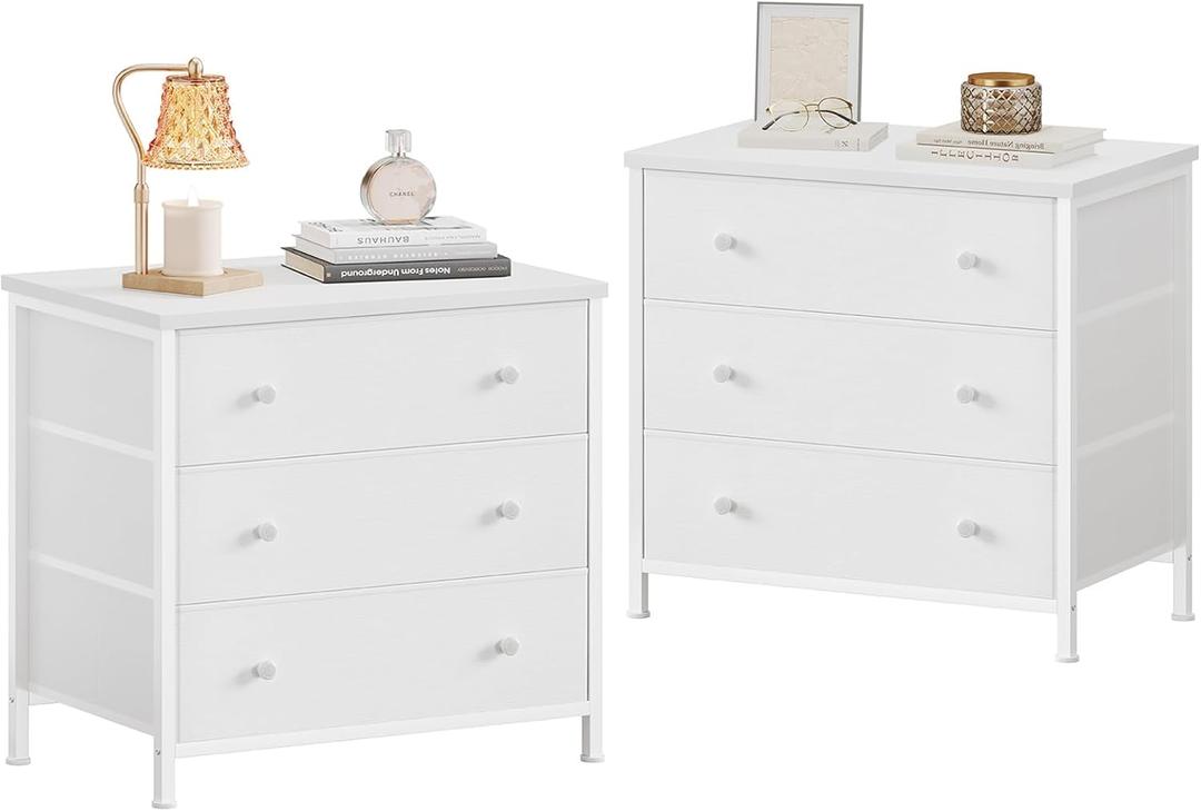 BOLUO White Nightstands Set of 2, Large Night Stand Fabric 3 Drawer Dresser for Bedroom Closet,Girls Modern