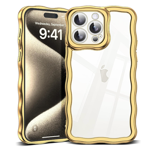 SKYLMW Compatible with iPhone 15 Pro Max Case, Kawaii Cute Curly Wave Frame Luxury Plating Edge, Stylish Glossy Clear Back, Soft TPU Shockproof Protective Cases for iPhone 15 Pro Max, Gold