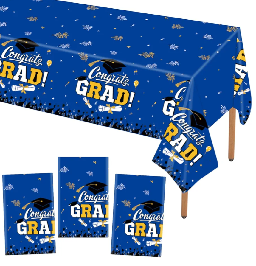HOUSE OF PARTY Graduation Tablecloth 3PCS | 54"x108" Blue Congrats Grad Tablecloths | Grad Tablecloth Class of 2025 | Party Table Cover Fireworks Design for Table Decorations