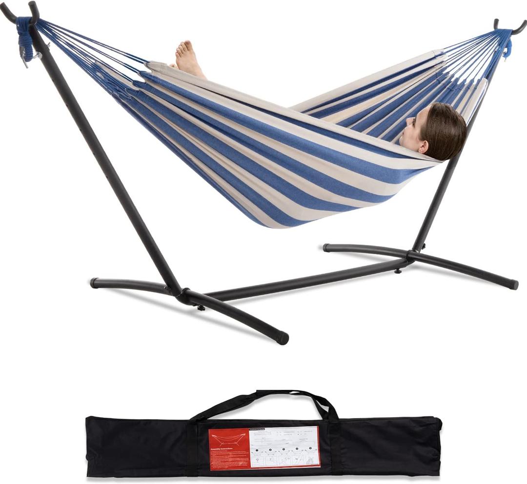 PNAEUT Double Hammock with Space Saving Steel Stand Included 2 Person Heavy Duty Garden Yard Outdoor 450lb Capacity Hammocks (Sky)