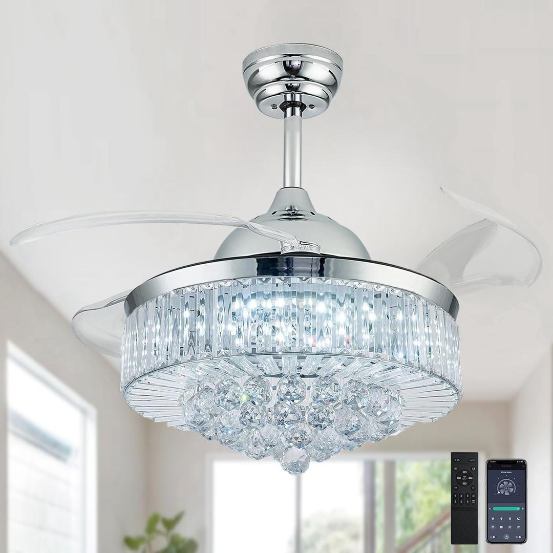42'' Fandelier Ceiling Fan with Light, Retractable Chandelier Fan LED Dimmable Crystal Ceiling Fan for Bedroom Living Room Dining Room-Chrome