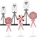 6 Pcs Halloween Christmas Pastel Ghost Candy Table Decorations Cute Wooden Block Ghost Signs with Bow Rustic Stand Table Centerpiece for Halloween Christmas Farmhouse Shelf Mantel Decor