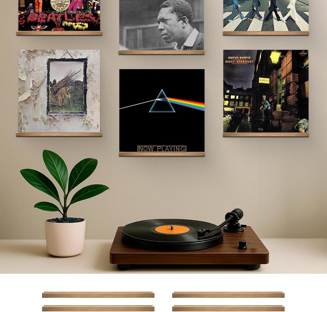 VOL-KI 4-Pack Vinyl Record Shelf Wall Mount  Solid NZ Pine Wood Floating Vinyl Display Shelf & Record Holder, Includes Now Playing Display, Marking Strip & Mini Level (Rich Walnut)