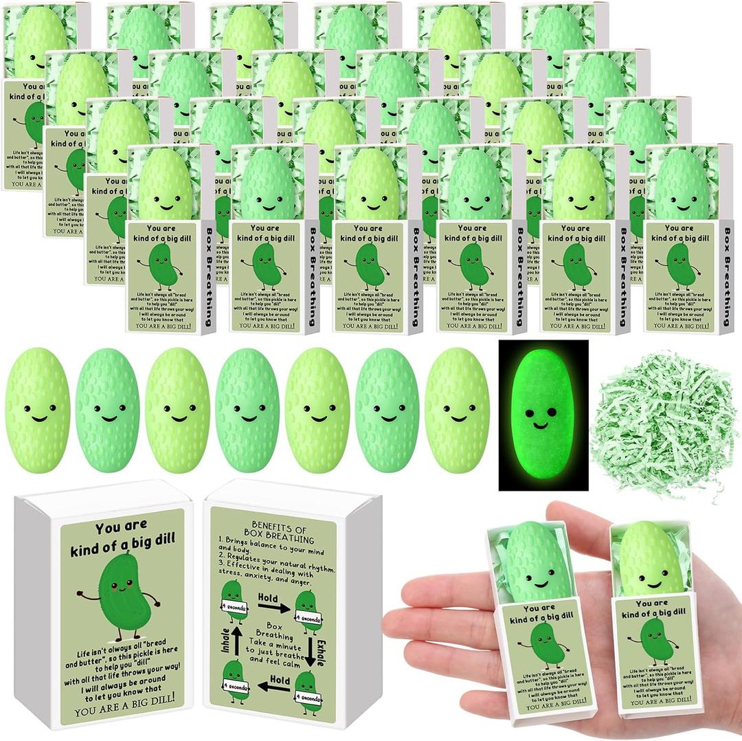 Wettarn 40 Sets Appreciation Pickle Gifts Cute Stress Balls with Support Gift Boxes Inspirational Party Favors for Employee Coworker Friends Office Positive Relief Desk Decor, Luminous