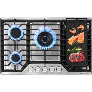 AMZCHEF 30 inch Gas Cooktop with 5 Made in Italy SABAF Power Burners,Max 48300 BTU/hr Built-in Gas Stove top of 304 Stainless steel with Double Sided griddle,NG/LPG Convertible,ETL. AMZCHEF 30 inch Gas Cooktop with 5 Made in Italy SABAF Power Burners,Max 48300 BTU/hr Built-in Gas Stove top of 304 Stainless steel with Double Sided griddle,NG/LPG Convertible,ETL.