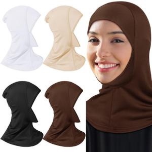 4 Pieces Modal Hijab Cap Adjustable Muslim Stretchy Turban Full Cover Shawl Cap Full Neck Coverage for Lady (Black, White, Dark Brown, Light Red, Beige)