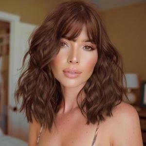 Lativ Reddish Brown Wig with Bangs Short Wavy Wigs for Women Shoulder Length Curly Bob Wigs Heat Resistant Synthetic Wigs for Halloween Cosplay Daily Party Use 14 Inches