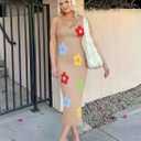 ZESICA Women's Summer Knit Bodycon Midi Dress 2026 Sleeveless Floral Crewneck Color Block Long Beach Party Dresses (M)