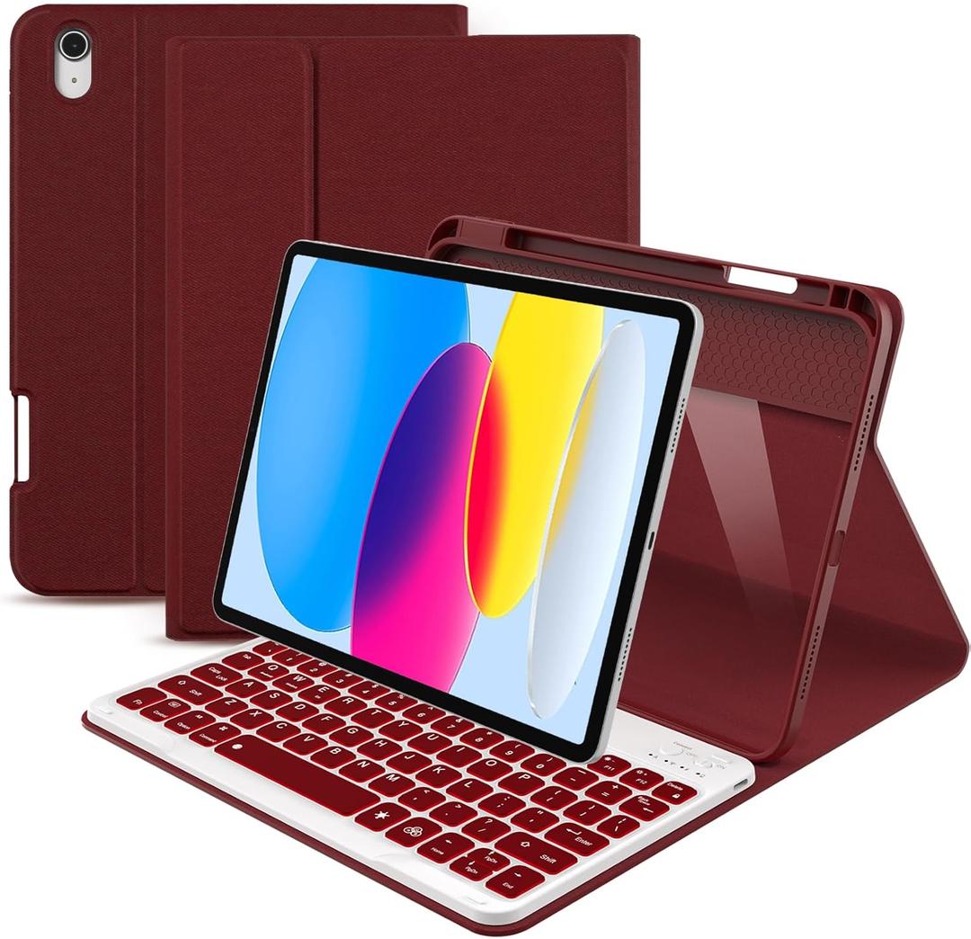 ABSONE for iPad A16 11th 10th Generation Case with Keyboard, 7 Colors Backlit Detachable Wireless Folio Keyboard Cover with Pencil Holder for iPad A16 11 inch Gen 2025 10th Gen 10.9 Inch 2022 Red
