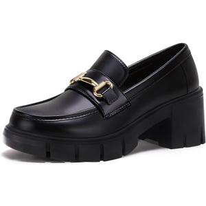 Coutgo Womens Chunky Platform Lug Sole Loafers Mid Heel Square Toe Dress Walking Work Shoes with Buckle Chain,Black, Size 7