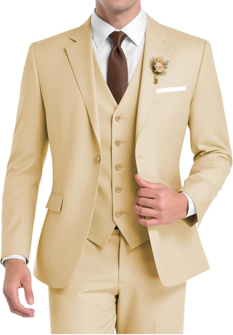 Wangyue Suit Men 3 Piece Wedding Suit Elegant Slim Fit Mens Suits Notched Lapel Blazer Single Breasted Vest and Pants (XX-Small, Champagne)