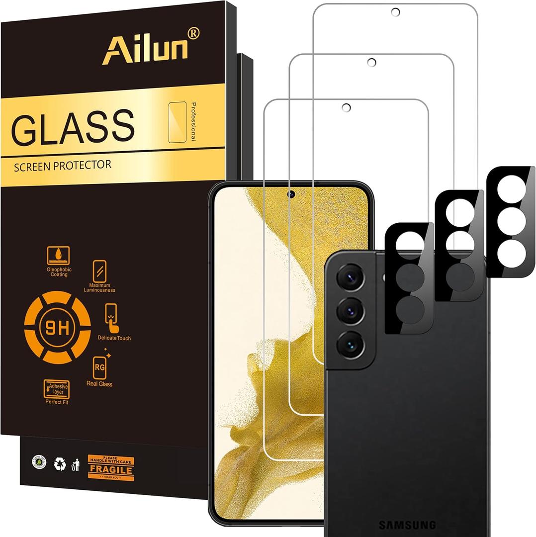 Ailun Screen Protector for Galaxy S22+/S22 Plus 5G 6.6 Inch Display 3Pack + 3Pack Camera Lens Tempered Glass Fingerprint Unlock 0.25mm Clear AntiScratch Case Friendly [Not For S22 Ultra]