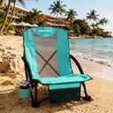 Portable Low Beach Chairs Set of 2 with Mesh Back, Cyan | Foldable Lightweight, 21.5” Widened Seat, Built-in Cup Holder & Storage Pocket, Strong Stability Structure, Breathable Design